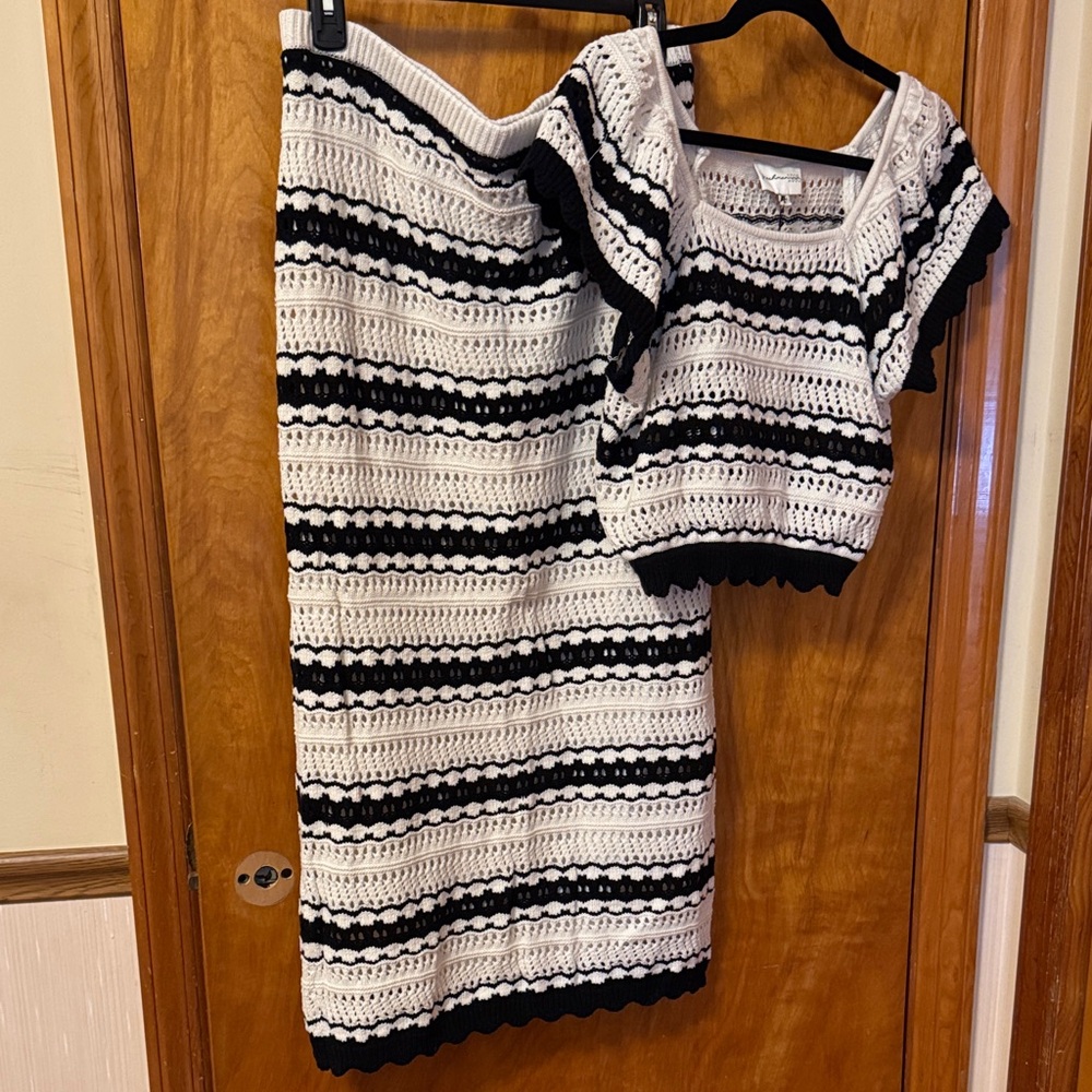 Crocheted Black and White Striped Midi Set